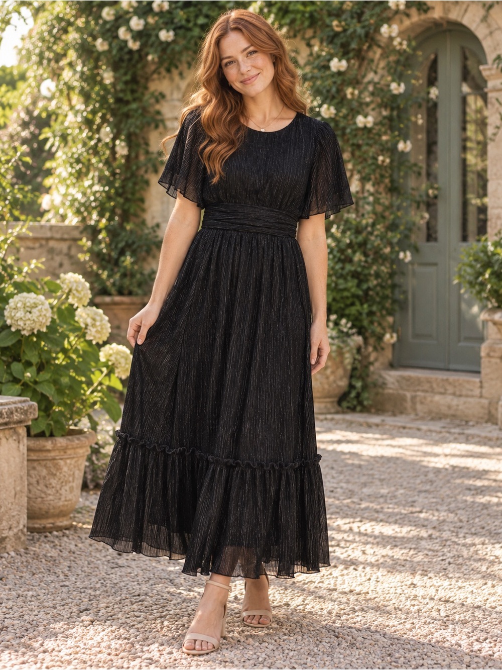 NWT Celadon Midnight Shimmer Black Metallic Flutter Sleeve Maxi Dress Size S